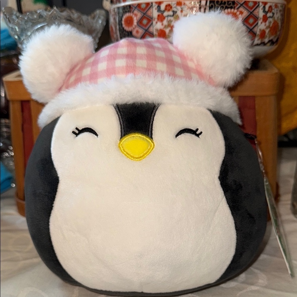 Adorable Black and White Penguin Stuffed Animal with Pink Hat